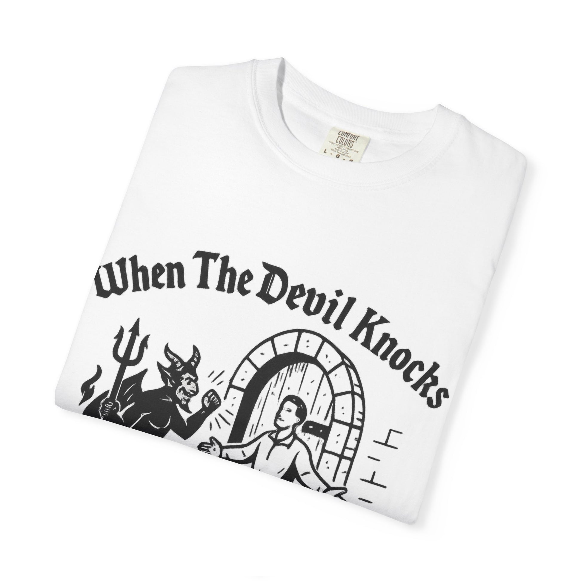 Devil Knock Answer T-shirt, Unisex Graphic Tee, Vintage Style Shirt, Distressed Look Top, Halloween Costume, Occult Clothing