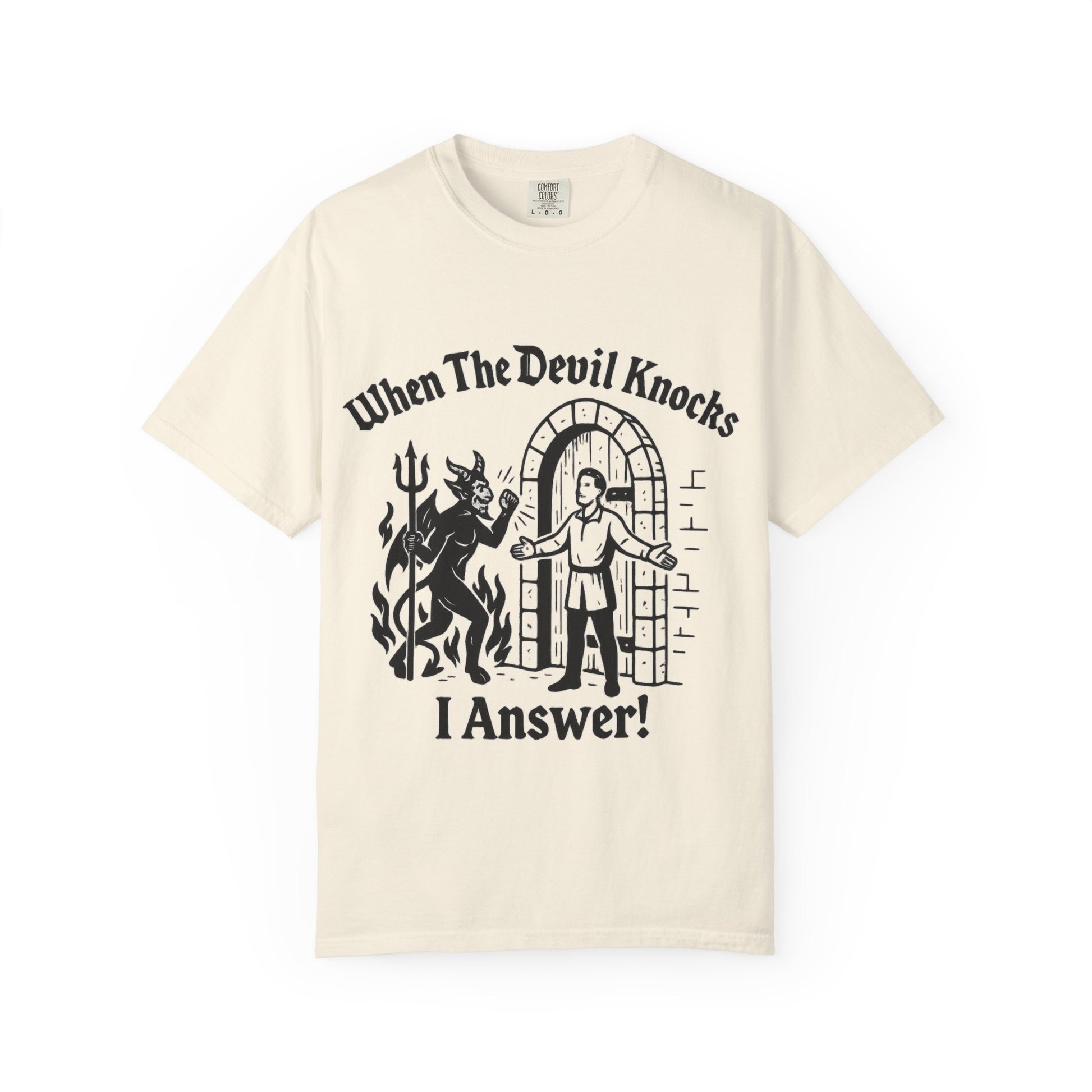 Devil Knock Answer T-shirt, Unisex Graphic Tee, Vintage Style Shirt, Distressed Look Top, Halloween Costume, Occult Clothing