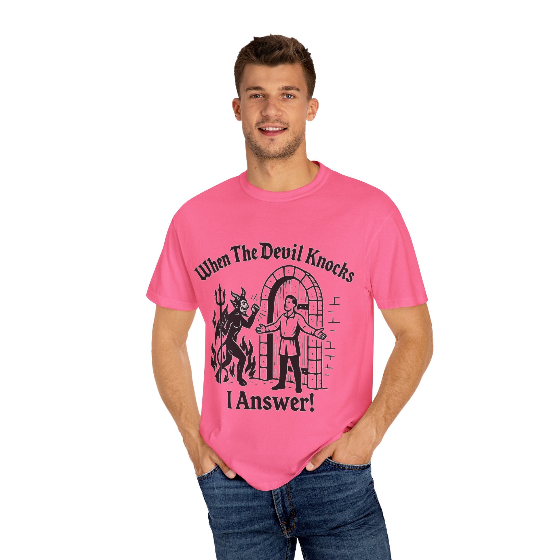 Devil Knock Answer T-shirt, Unisex Graphic Tee, Vintage Style Shirt, Distressed Look Top, Halloween Costume, Occult Clothing