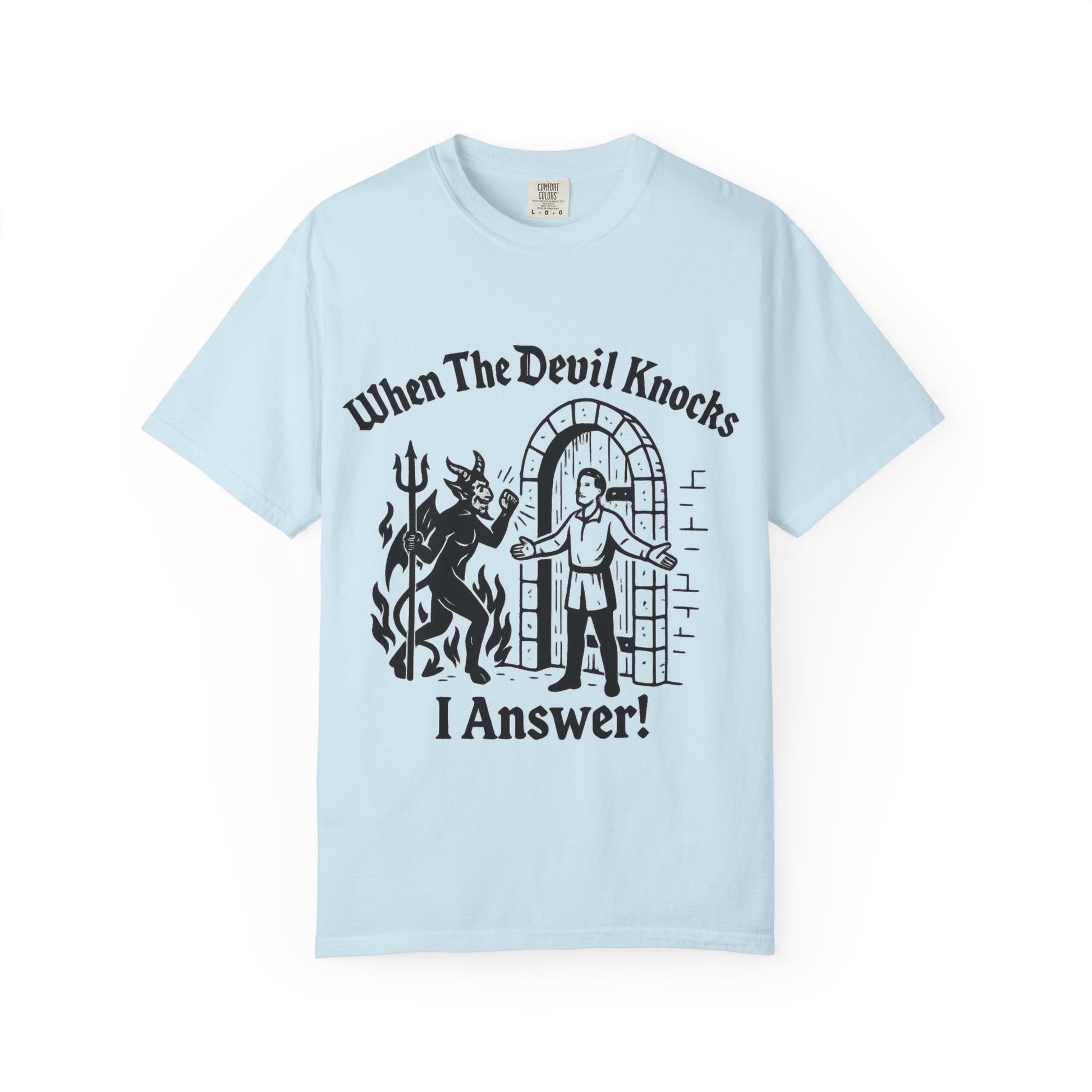 Devil Knock Answer T-shirt, Unisex Graphic Tee, Vintage Style Shirt, Distressed Look Top, Halloween Costume, Occult Clothing