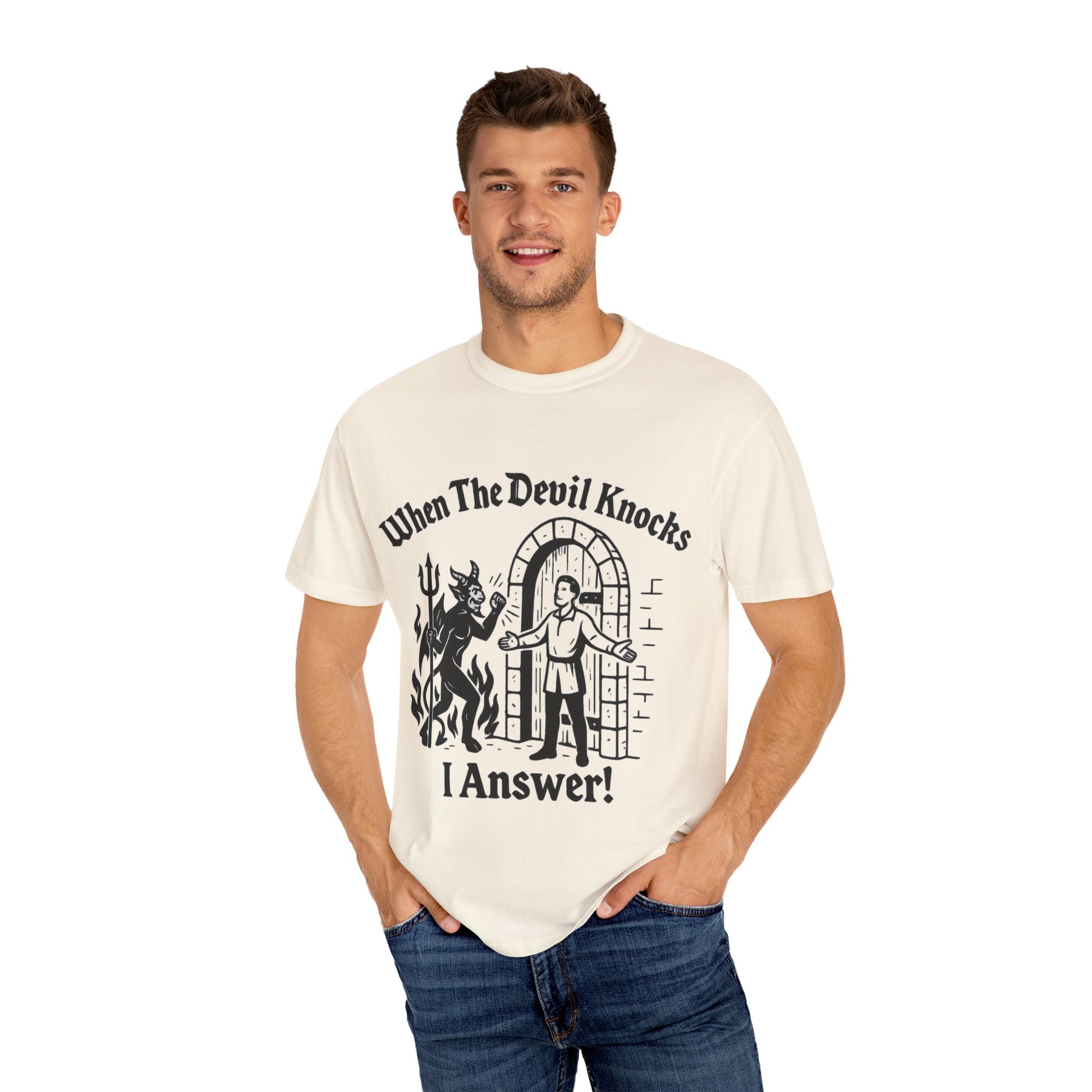 Devil Knock Answer T-shirt, Unisex Graphic Tee, Vintage Style Shirt, Distressed Look Top, Halloween Costume, Occult Clothing