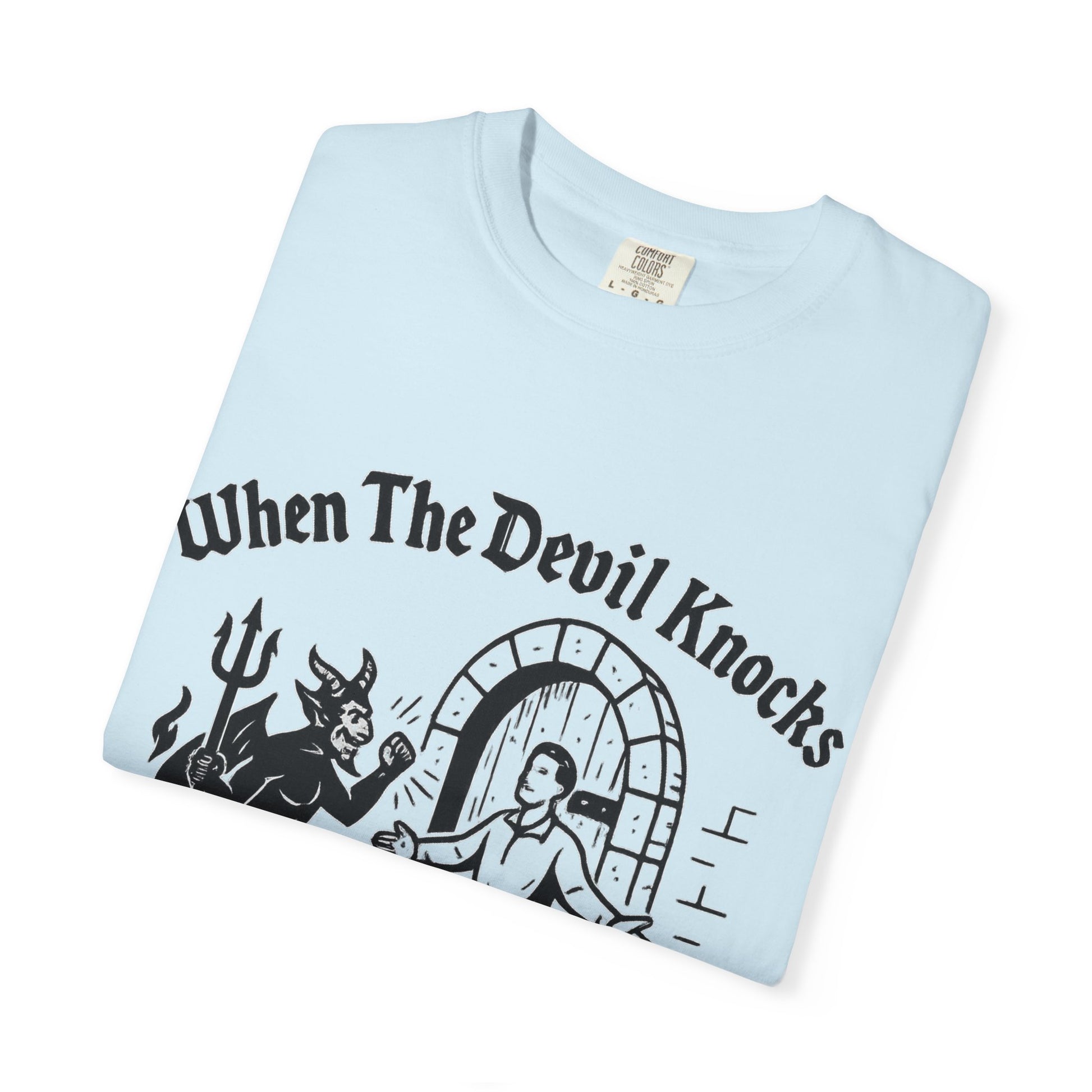 Devil Knock Answer T-shirt, Unisex Graphic Tee, Vintage Style Shirt, Distressed Look Top, Halloween Costume, Occult Clothing