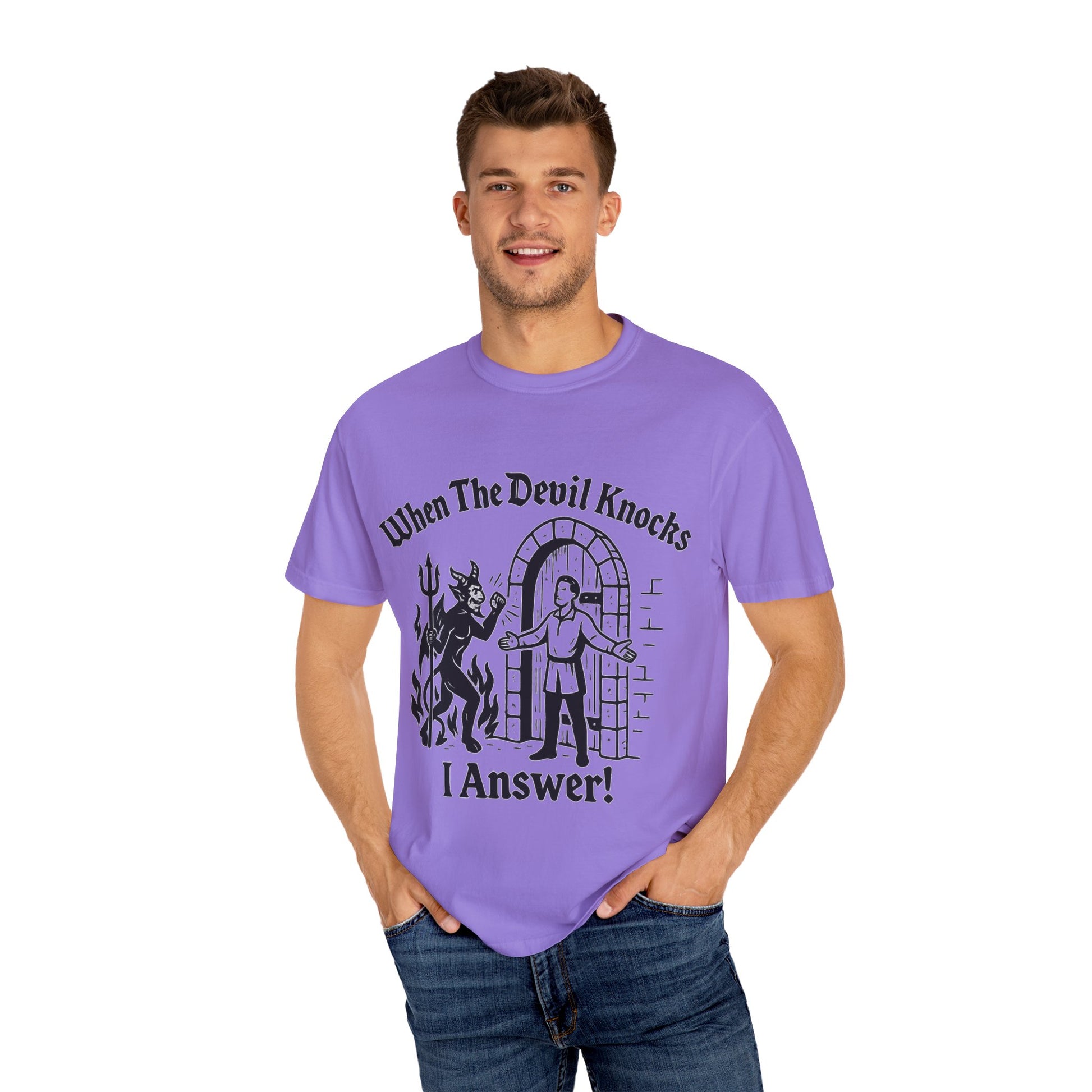 Devil Knock Answer T-shirt, Unisex Graphic Tee, Vintage Style Shirt, Distressed Look Top, Halloween Costume, Occult Clothing