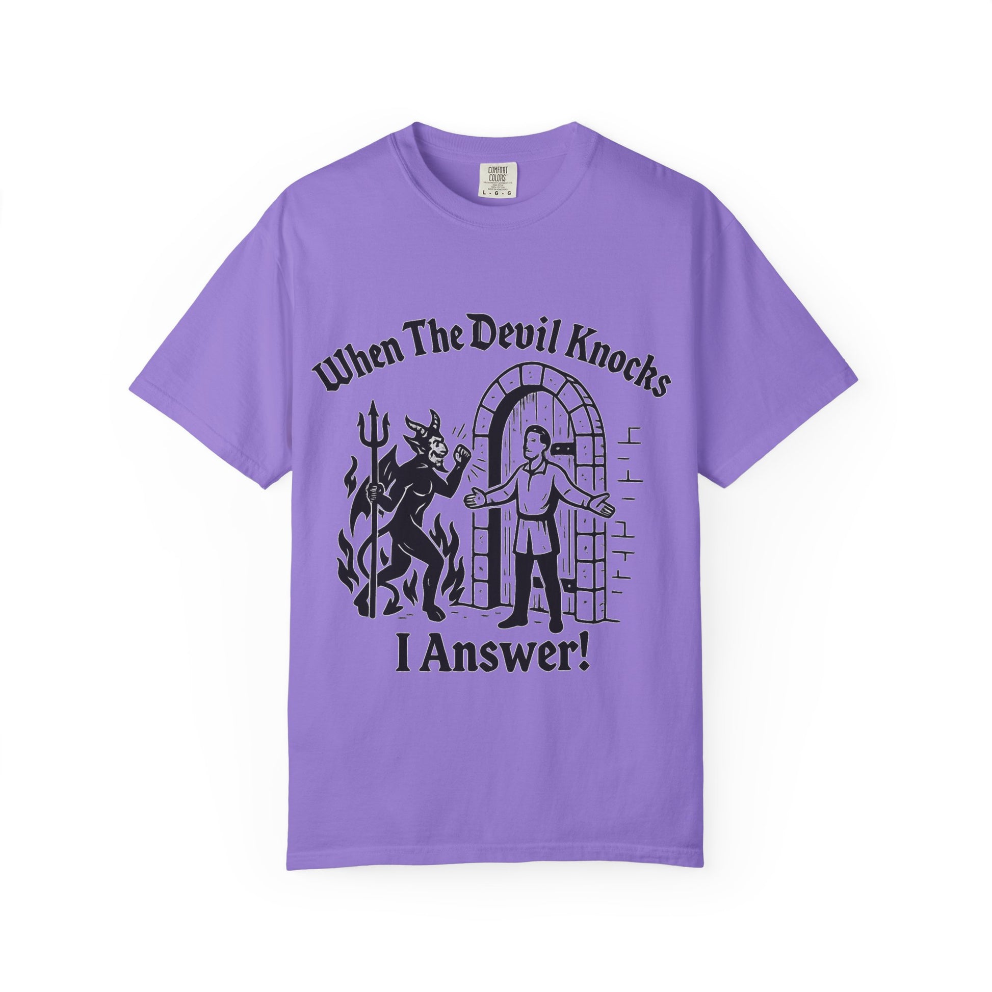 Devil Knock Answer T-shirt, Unisex Graphic Tee, Vintage Style Shirt, Distressed Look Top, Halloween Costume, Occult Clothing