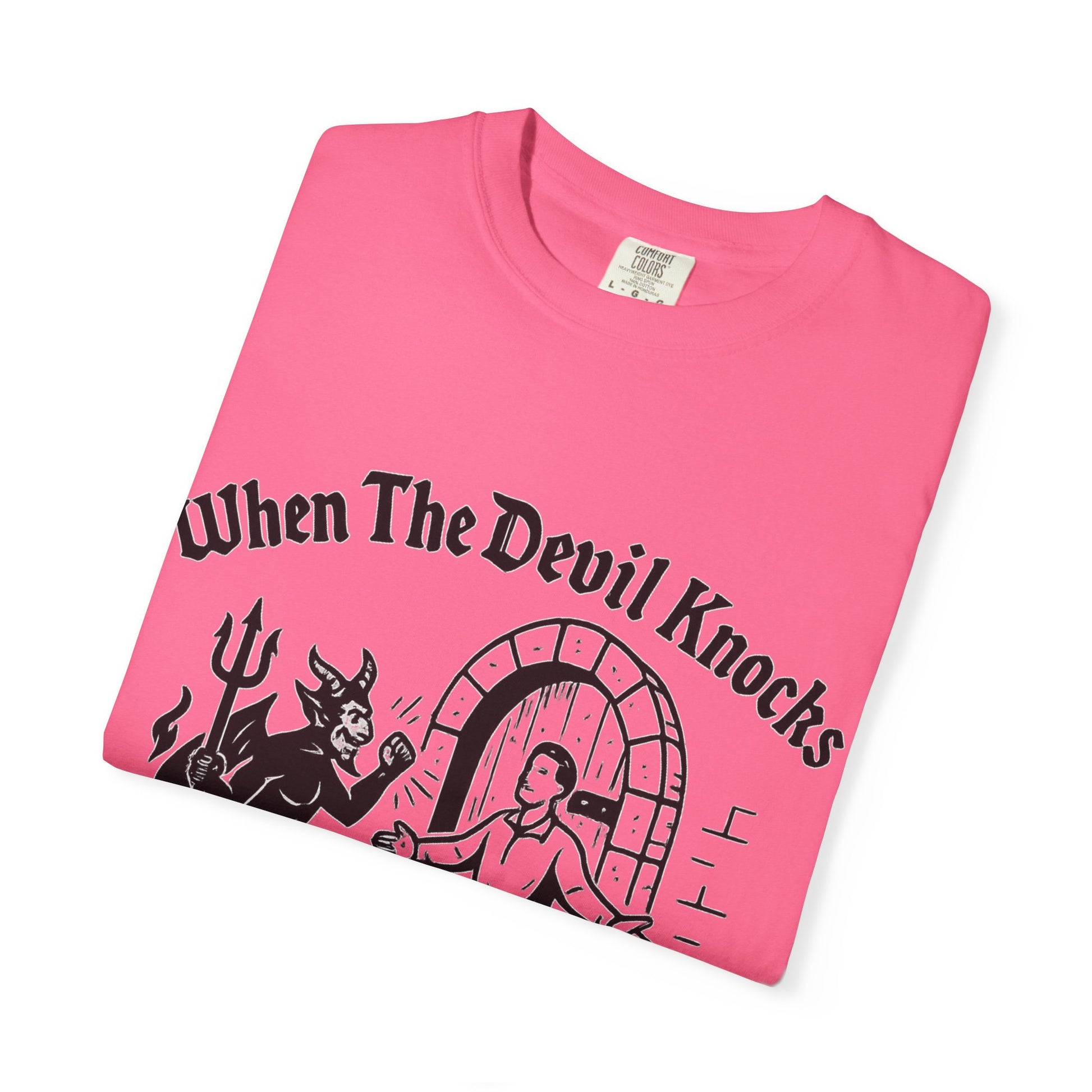 Devil Knock Answer T-shirt, Unisex Graphic Tee, Vintage Style Shirt, Distressed Look Top, Halloween Costume, Occult Clothing