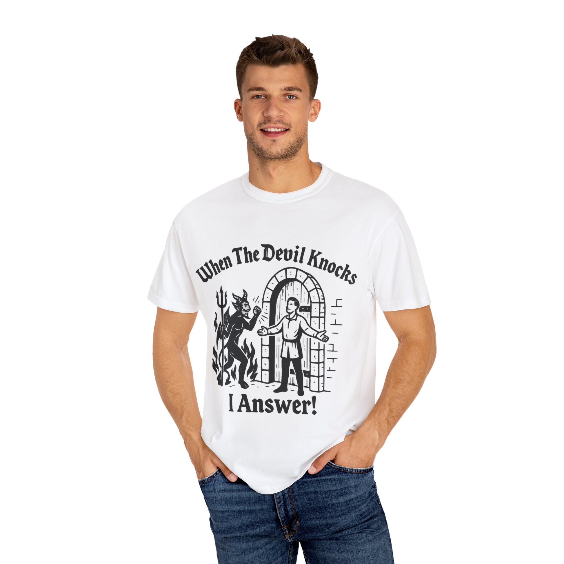 Devil Knock Answer T-shirt, Unisex Graphic Tee, Vintage Style Shirt, Distressed Look Top, Halloween Costume, Occult Clothing