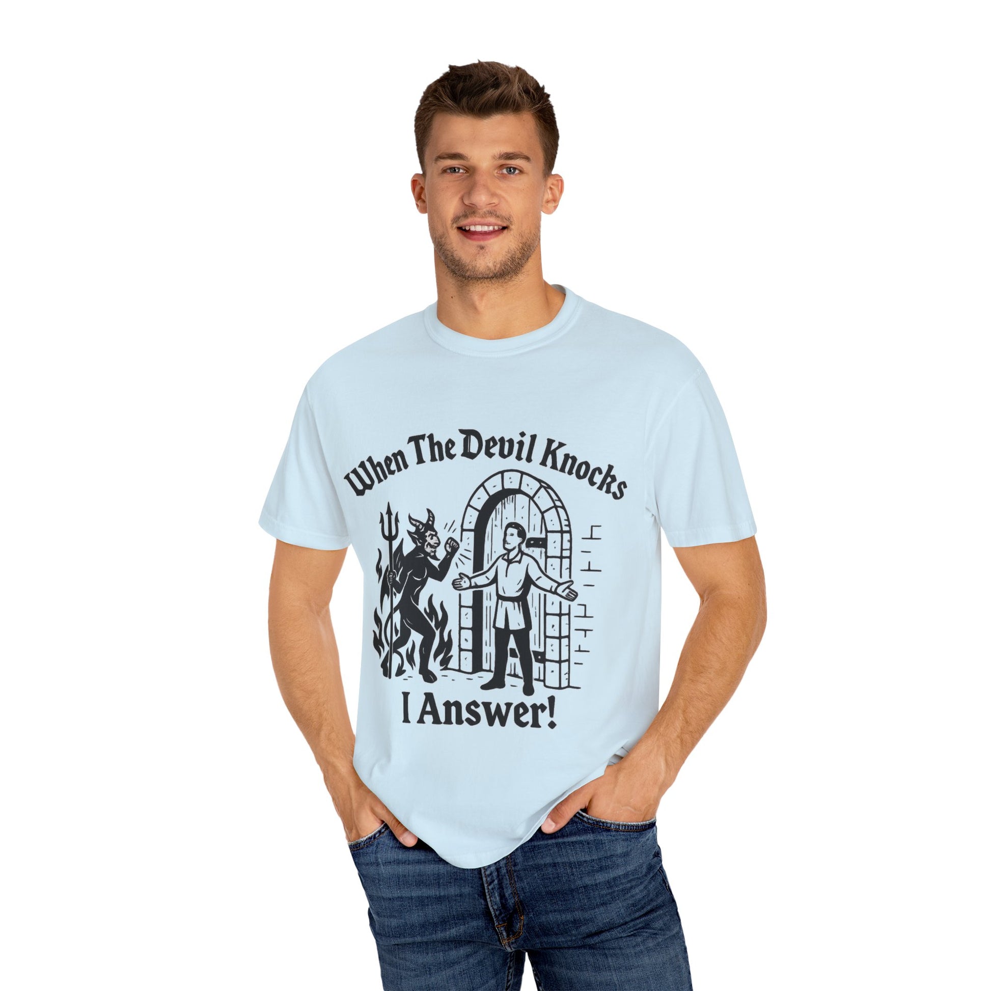 Devil Knock Answer T-shirt, Unisex Graphic Tee, Vintage Style Shirt, Distressed Look Top, Halloween Costume, Occult Clothing