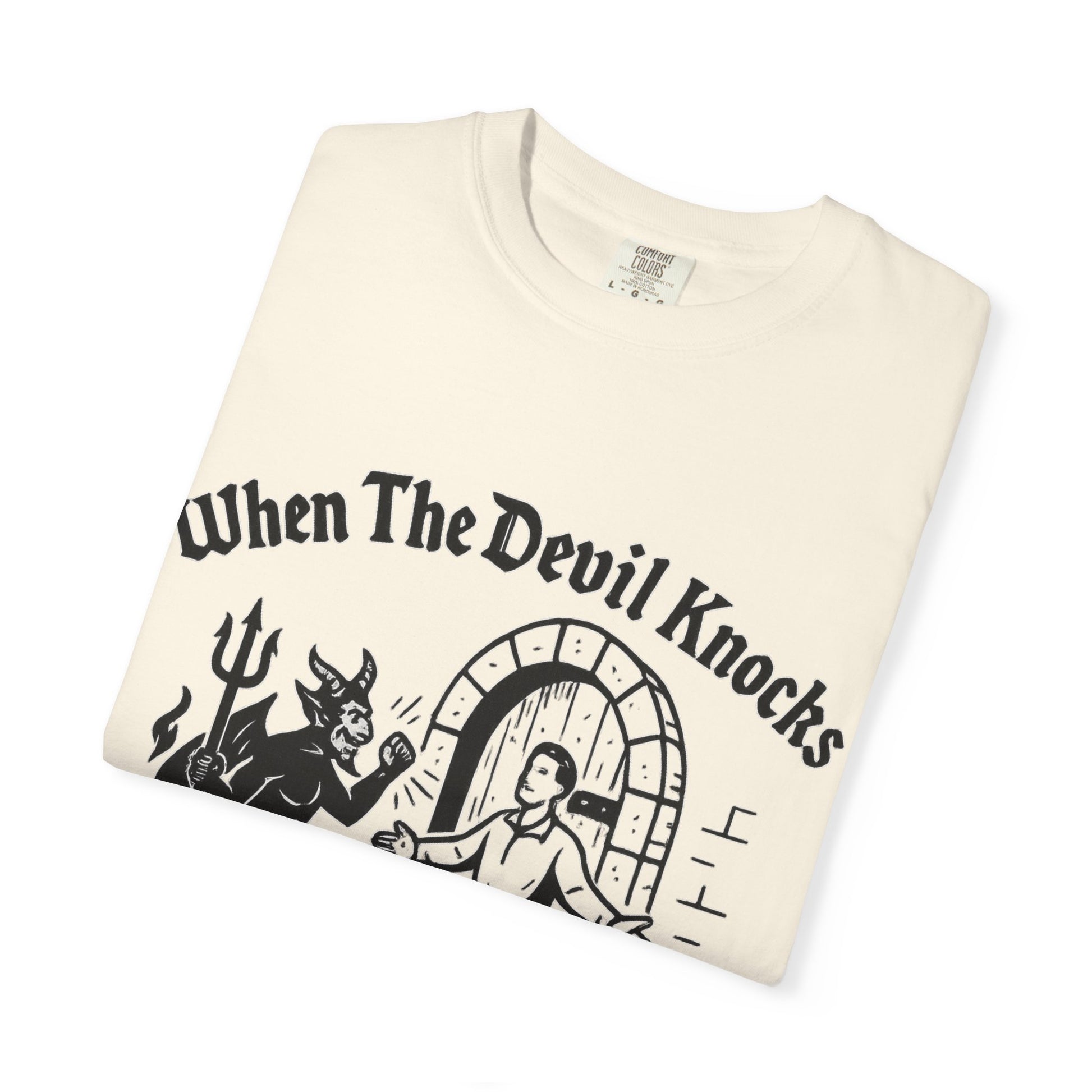 Devil Knock Answer T-shirt, Unisex Graphic Tee, Vintage Style Shirt, Distressed Look Top, Halloween Costume, Occult Clothing