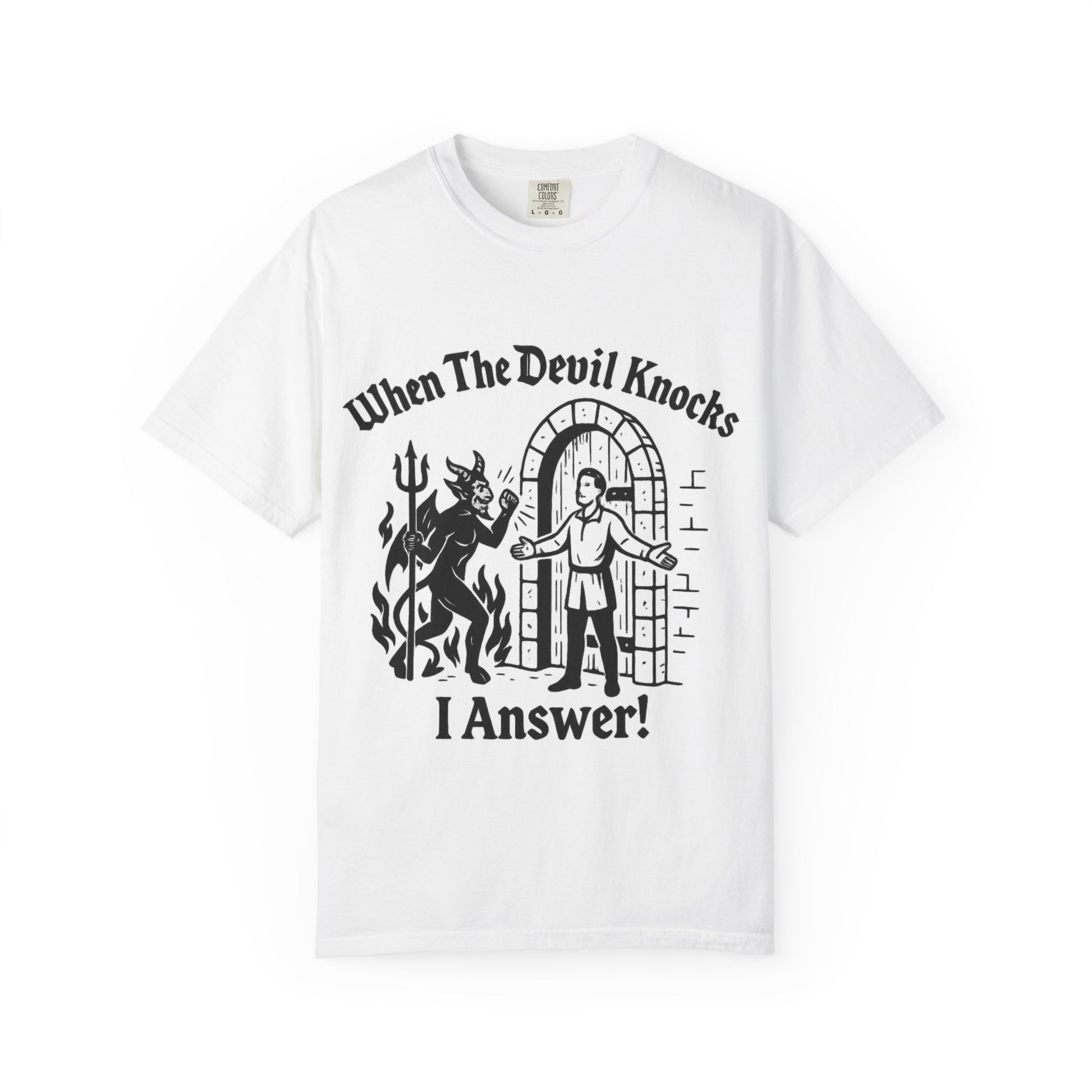 Devil Knock Answer T-shirt, Unisex Graphic Tee, Vintage Style Shirt, Distressed Look Top, Halloween Costume, Occult Clothing